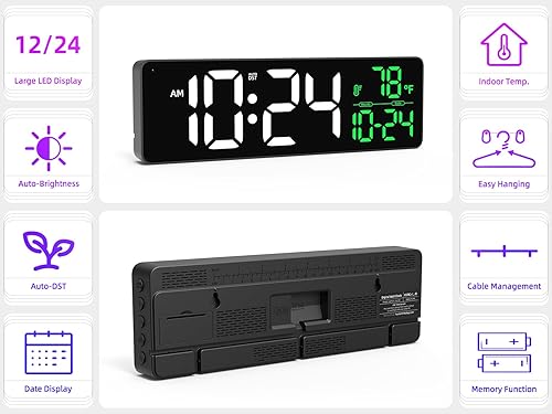 Miniatura 2 de Reloj de pared digital LED grande con fecha, temperatura, brillo automático, DST automático  Reloj digital grande para dormitorio, escritorio, aula,