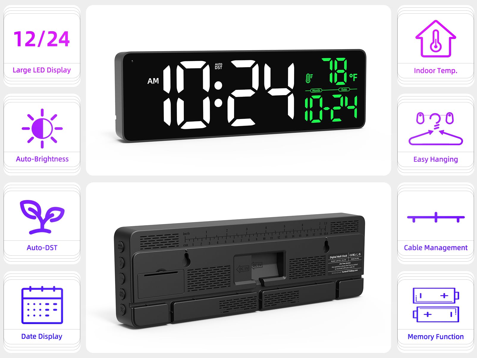 Große LED-Digital-Wanduhr mit Datum, Temperatur, Auto-Helligkeit, Auto-DST | Große Digitaluhr für Schlafzimmer, Schreibtisch, Klassenzimmer, Wohnzimmer, Küche, Büro, Fitnessstudio, Bauernhaus