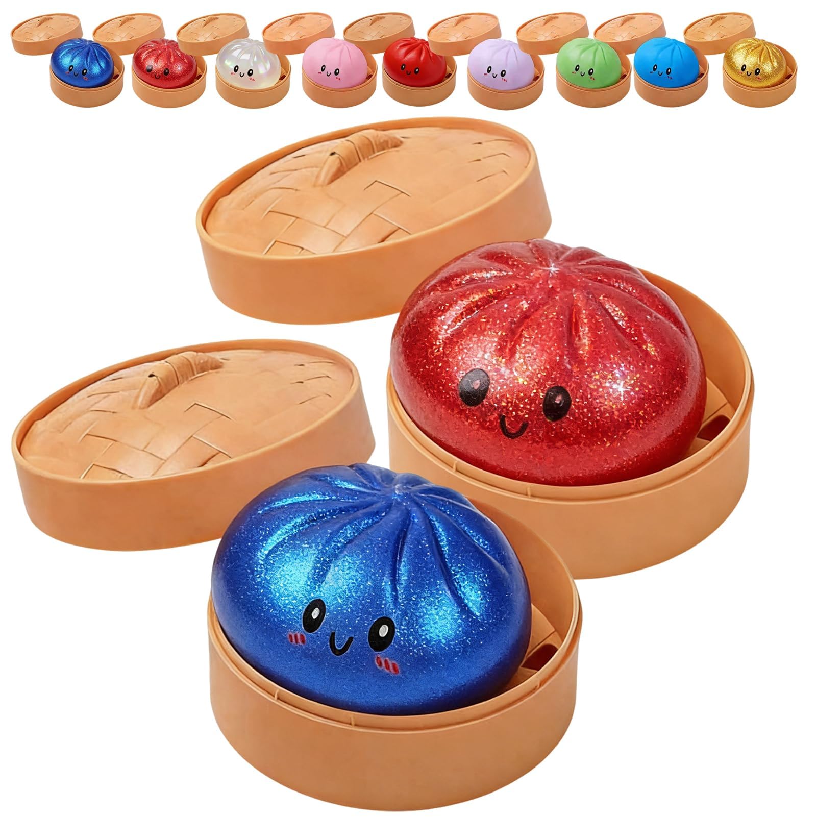 Glitter Dumpling, Glitter Dumpling Squishy with Box, Dumplings Sensory Squeeze Toy for Stress Relief (Blue+red)