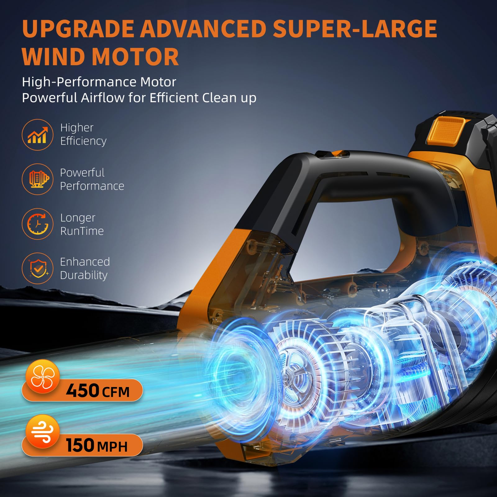 Soplador de hojas actualizado 2025, soplador de hojas inalámbrico con 2 baterías de 2.6 Ah y cargador rápido, 450 CFM y 150 MPH y modo de 2 velocidades, sopladores eléctricos ligeros para césped