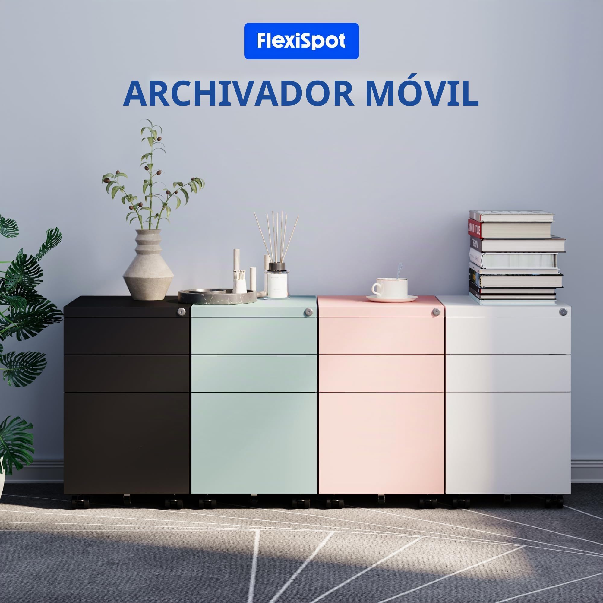 FLEXISPOT Archivadores Móviles, Armario Metálico, Armario de Oficina, Archivador Bajo Escritorio con 3 Cajones para Oficina, Salón y Dormitorio, Cajonera con Cerradura de Llave-Blanco