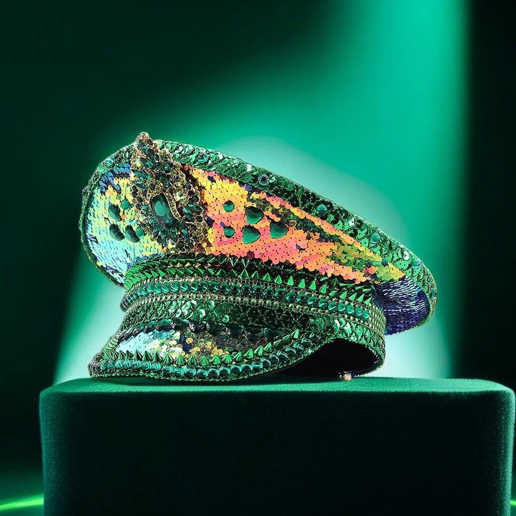 Wudaizhi Cappello da Sergente con Paillettes Cappello Militare con Strass Cappello Verde Che Brucia Cappello da Night Club Cappello da Festa per Festival