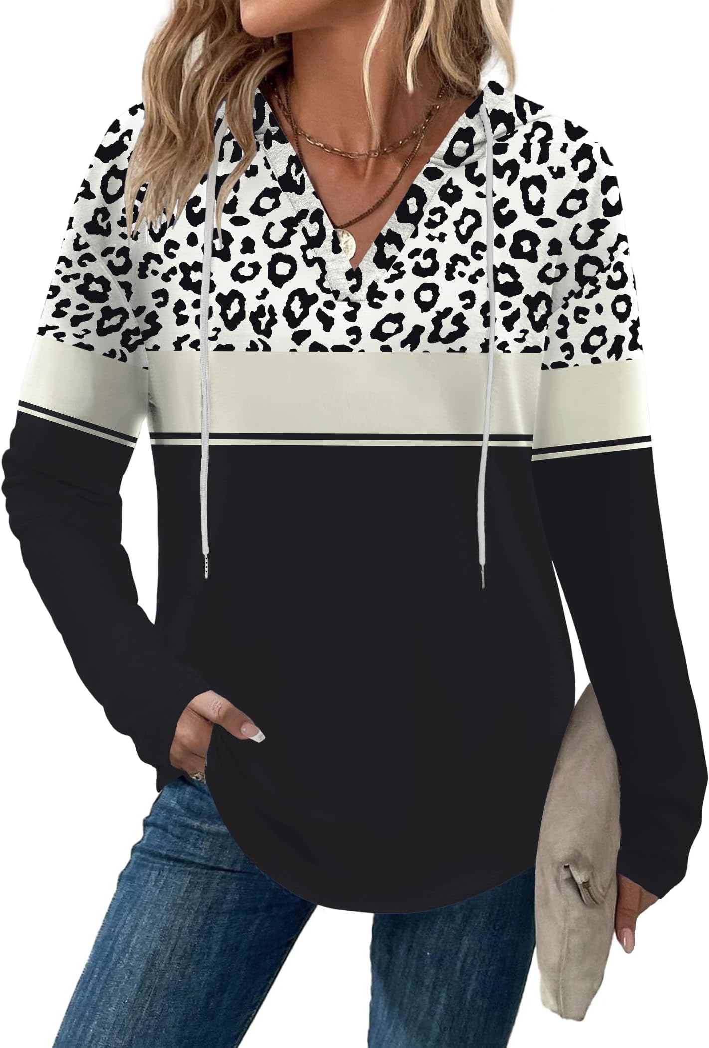 Hoodies for Women Long Sleeve Drawstring V Neck Pullover Sweatshirts Shirts Loose Casual Fall Tops