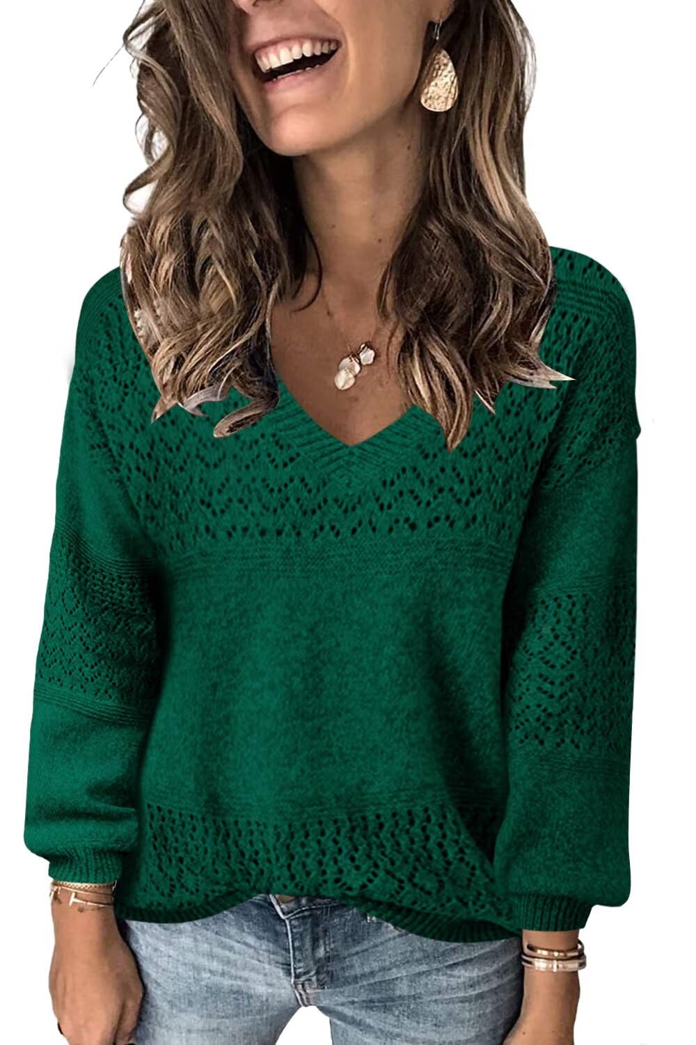 JOCAFIYE Womens Sweaters Casual Long Sleeve V Neck Pullover Sweater Tops