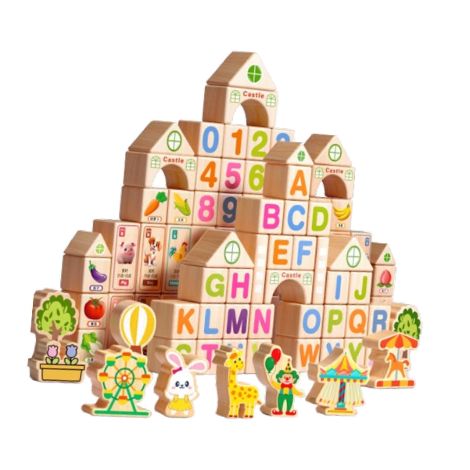 100 Pièces Blocs de Construction Jouet Éducatif en Bois Jeu D'Empilage Cubes Sensoriels avec Lettres et Chiffres pour Le Développement Cognitif Adapt, Emballage en Fût
