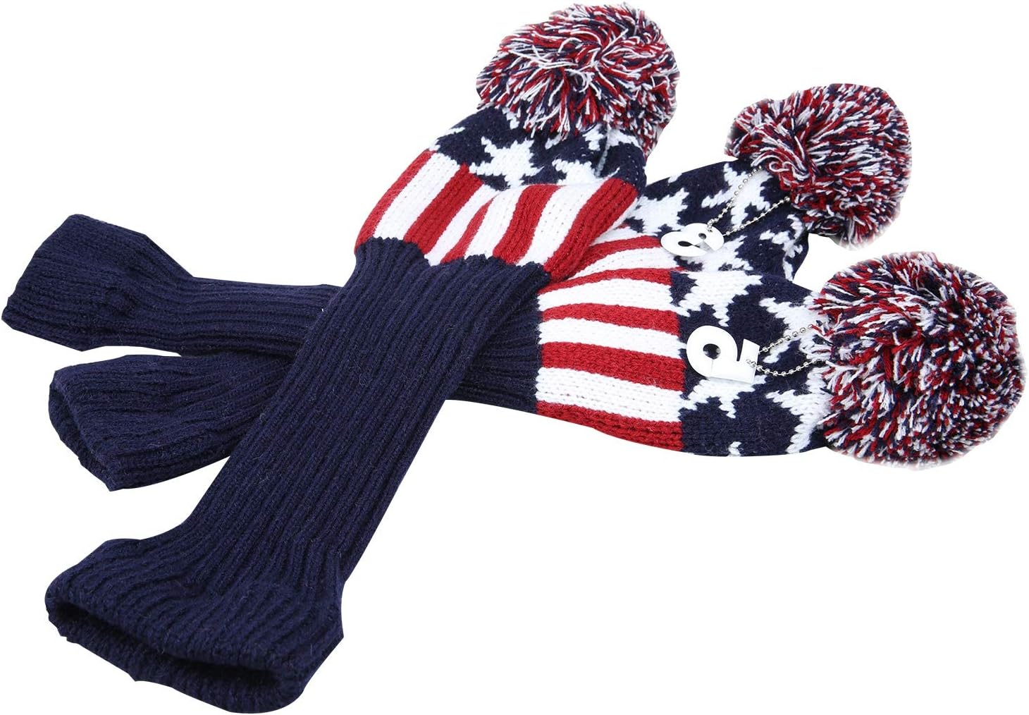 Golf Builder 3pcs USA Stars and Stripes Knitted Golf Head Cover Driver Fairway Wood Pom Pom Head Cover Sock Covers