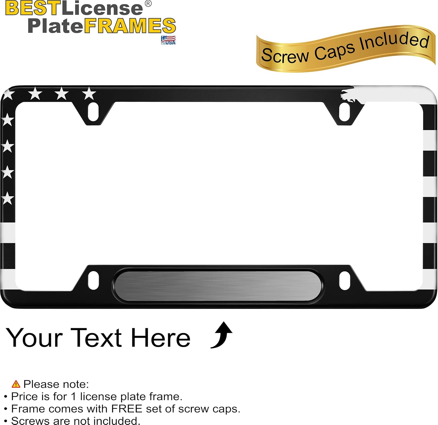 USA Patriotic | American Flag Custom Personalized Anodized Aluminum Thin Top | Narrow Top Black Car License Plate Frame with Free caps - Steel/Black (Qty: 1 Frame)