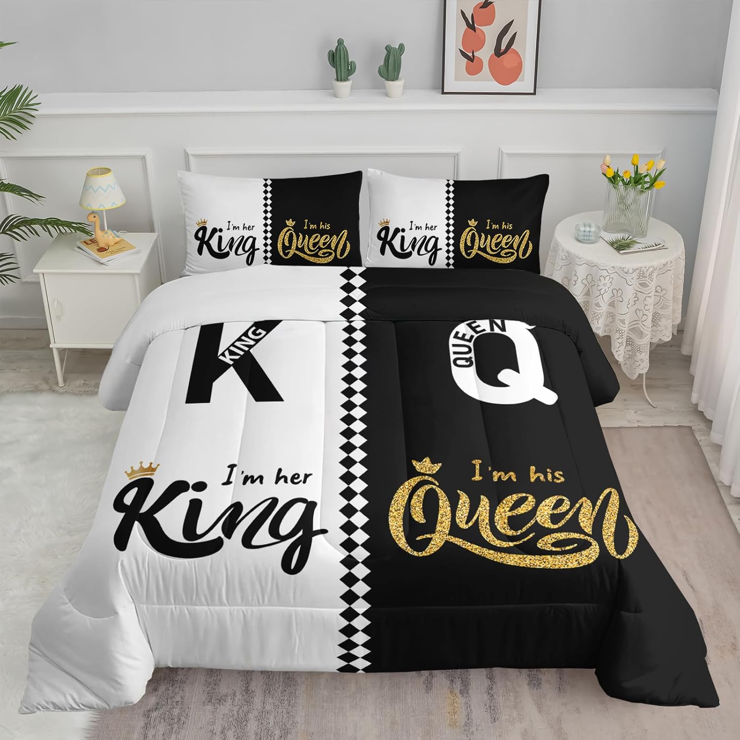 Axolotl King and Queen Comforter Set Simplicity Black White Couple Quilt Set Wedding Valentines Bedroom Decor for Adults Women Men Mr Mrs Quilt Set His and Hers Duvet Set 1 Comforter 2 Pillow Shams