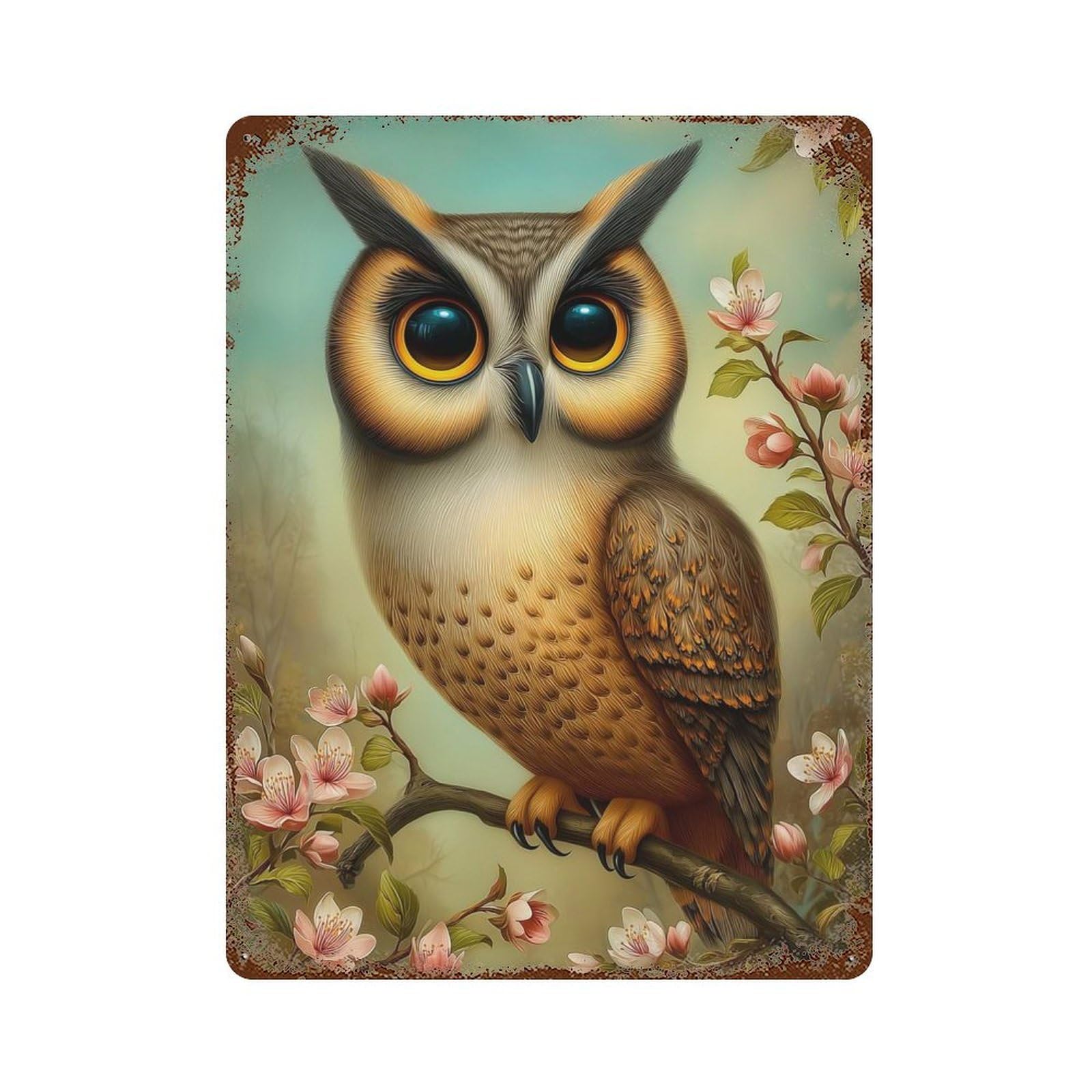 Owl Perched on Flowering Branch Retro Metal Sign 15.7"x11.8", Ideal for Shed, Workshop And Garage Wall Decor