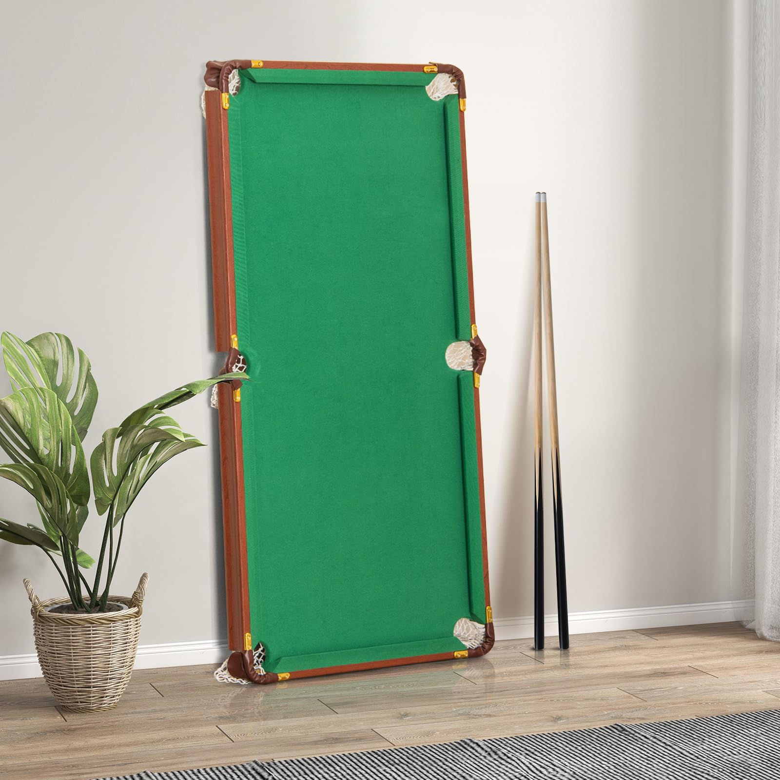 COSTWAY Set Tavolo da Biliardo Pieghevole, Tavolo da Gioco Biliardo Portatile con Livellatori Regolabili per Piedi, 2 Stecche 2 Gessi 16 Palline Spazzola, per Giochi in Famiglia Bar, 138x67x79,5 cm