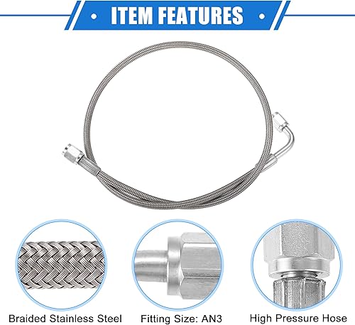 Vista 123 de AN3 - Línea de alimentación de aceite turbo de acero trenzado de 90 grados a extremo de manguera recto, turbocompresor remoto de 24 pulgadas, línea