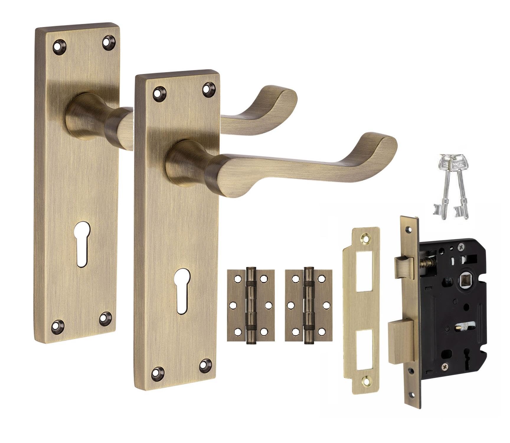 Golden Grace Victorian Scroll Door Handle with 2.5" 3 Lever Lock & Hinges Antique Brass 150mm x 40mm