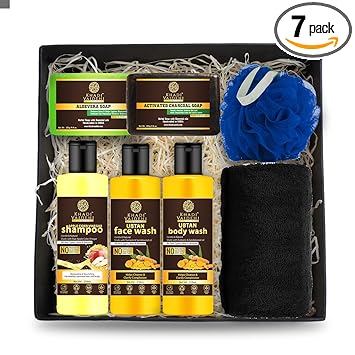 Khadi Vaidehi Bath & Skin Glow Gift Box For Women & Men l Ubtan Body Wash, Face Wash l Apple Cider Vinegar Shampoo l Charcoal & Aloe Vera Soap l Hand & Face Towel l Bathing Loofah
