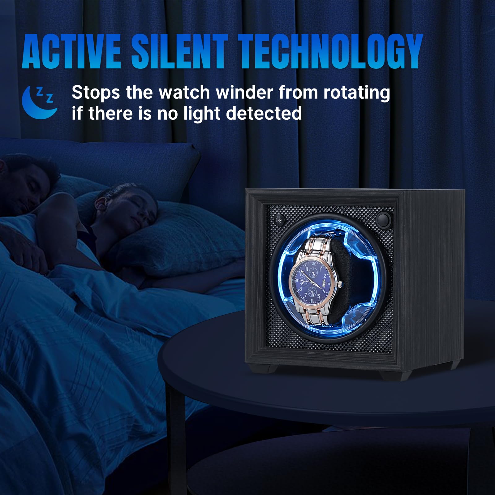 Isili Einzel Uhrenbeweger für Automatische Uhren, Auto Start-Stop Uhr Winders Box für Liebhaber, mit Quiet Motor 2 Rotation Mode Einstellung, blaues Licht, Geschenk für Vatertag
