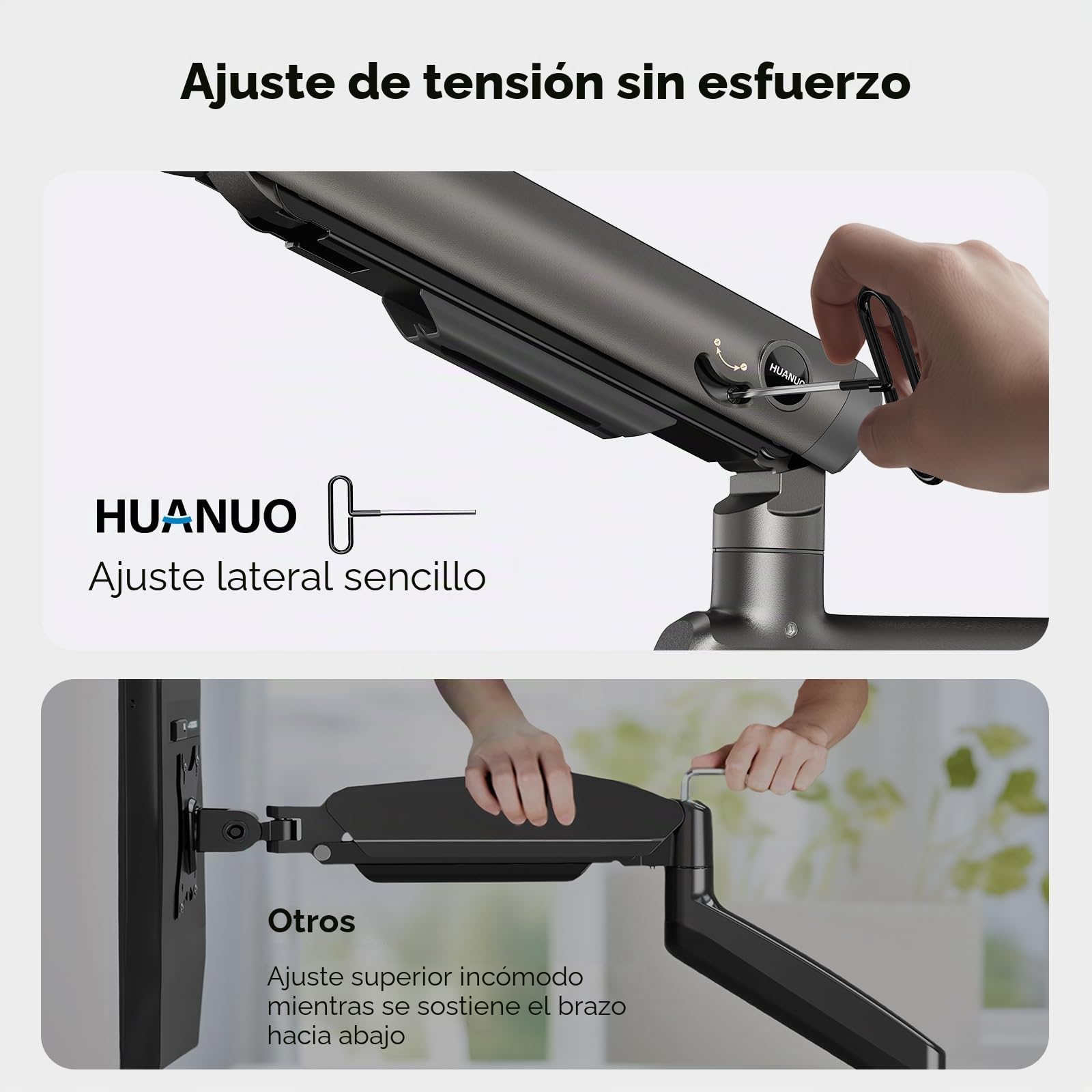 HUANUO Soporte para Dos Monitores para Pantal Ultraanch 13-49”, hasta 18kg, Brazo Monitor Doble Aluminio Resist y Extra Alto, Soporte Monitor Doble Apilado Vert y Total Ajustable, VESA Máx 100x100mm