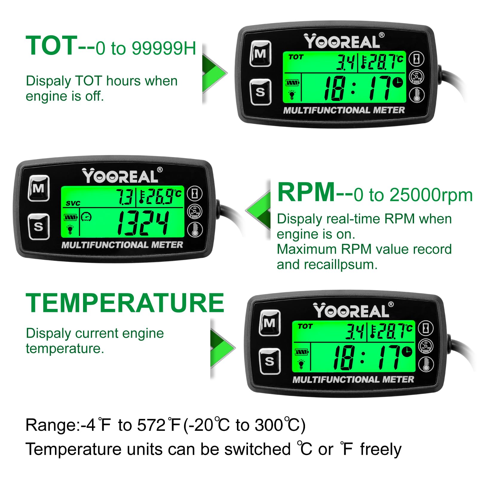 Yooreal Tachymètre numérique,compteur horaire, jauge de température d'eau et d'huile moteur, alerte RPM et température, affichage rétro-éclairé pour tracteur de jardin, motoneige, marine, jet ski.