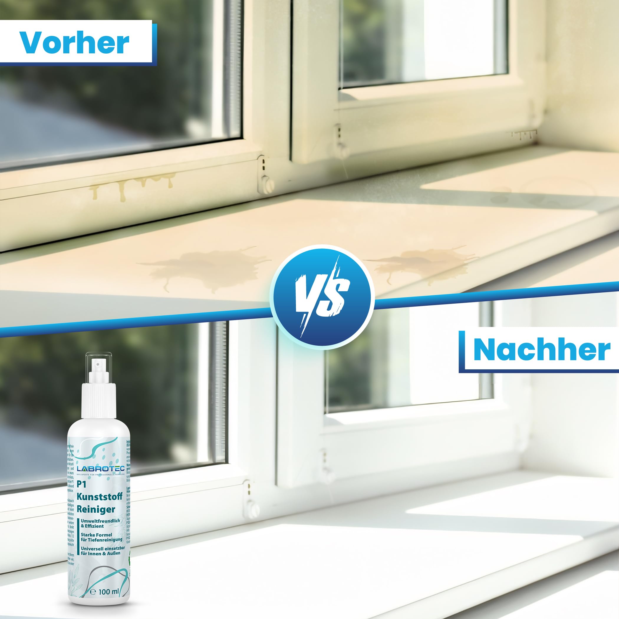 P1 Kunststoffreiniger 3L mit Dosierhahn – Effektiver Reiniger für Fensterrahmen, Autos, Sneaker, Böden, Rolladen, Jalousien und Gartenmöbel. Gegen starke Verschmutzungen (3 Liter)