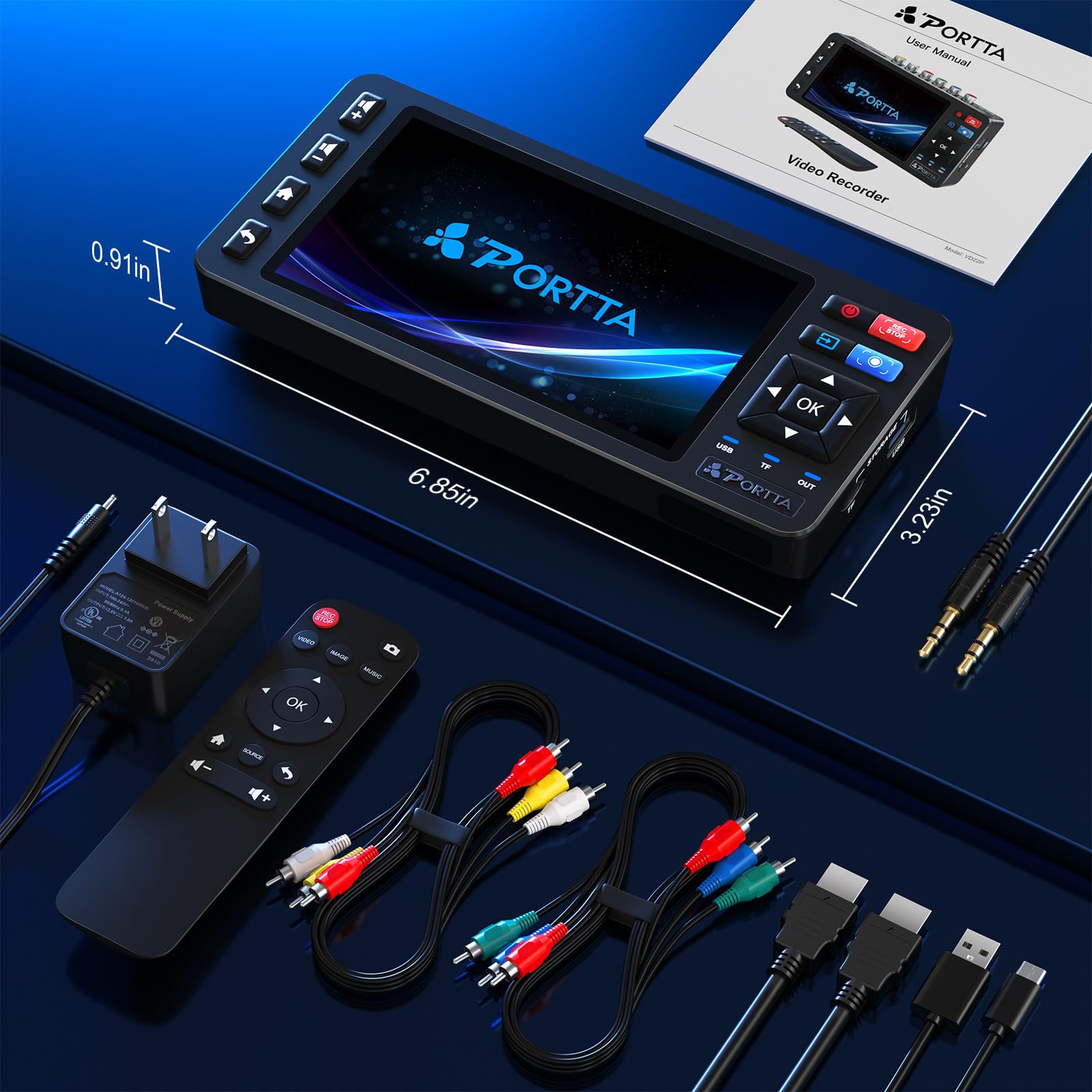 Convertitore da VHS a digitale Portta VD22P con schermo HD da 5", registratore video, conversione in MP4, compatibile con VHS, Hi8, Mini DV, console di gioco (richiede lettore VHS/DVD/videocamera)