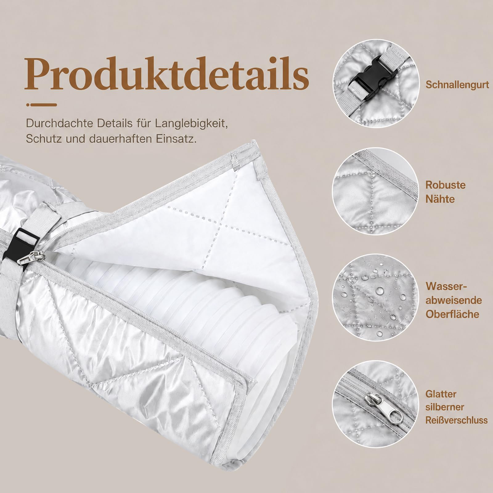 2er Set Mobiles Klimaanlagen Schlauchschutz Hülle mit Reißverschluss & 4 Schnallen, 149x58.5 cm Silber Isolierung für Abluftschlauch 13-15 cm (5-5.9 Zoll), Universeller Klimaschlauch Staubschutz