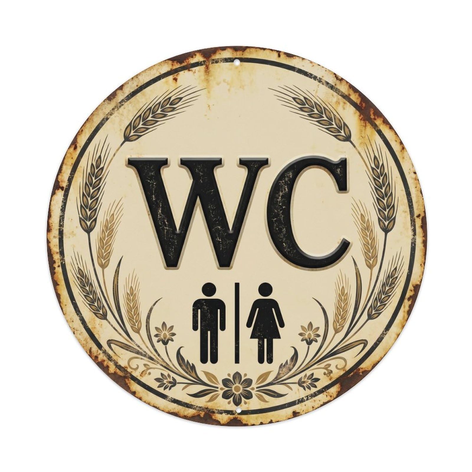 Toilet （WC） Classic Ivory Restroom Metal Tin Sign Plaque Wall Decor for Cafe, Club Bar, Office, Home Garden Round Metal Poster 8x8Inch