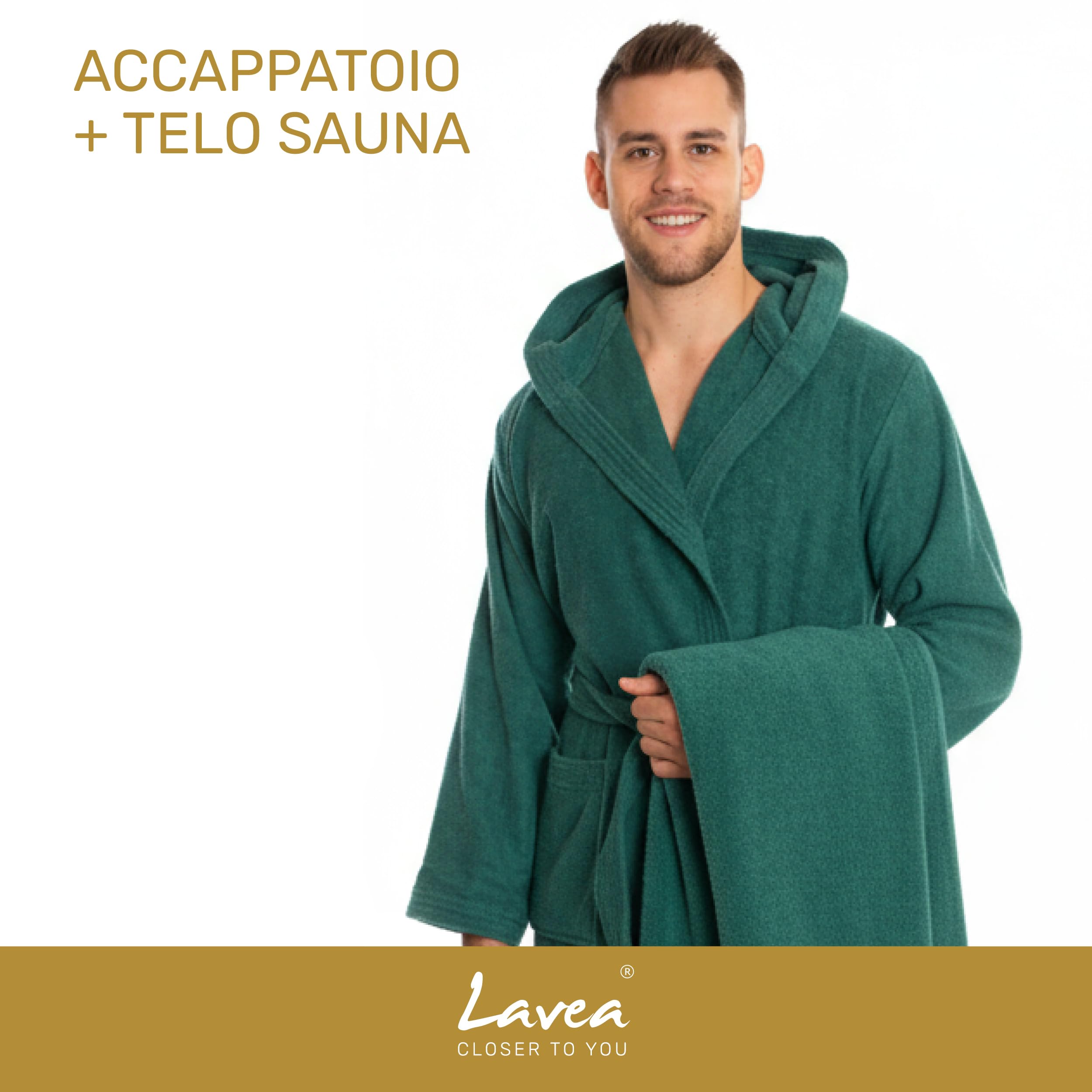 Lavea® Set Sauna Accappatoio Uomo e Donna con Asciugamano Doccia Grande 80x200 cm – Asciugamani Bagno in Spugna 100% Cotone, Morbidi e Assorbenti, Cappuccio e Cintura, OEKO-TEX® – Smeraldo