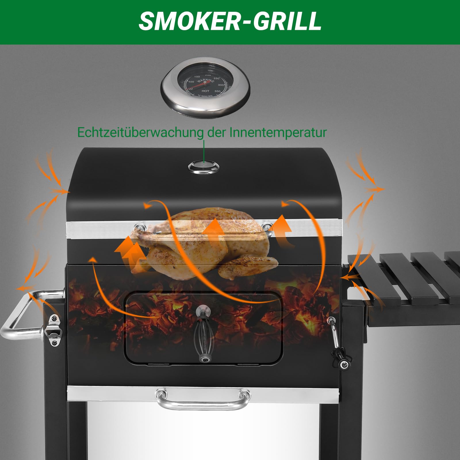 LEADZM Holzkohlegrill mit klappbarem Seitentisch und Rädern, robuster BBQ Grill für Garten, Terrasse und Outdoor Grillabende, 116 × 57 × 108 cm
