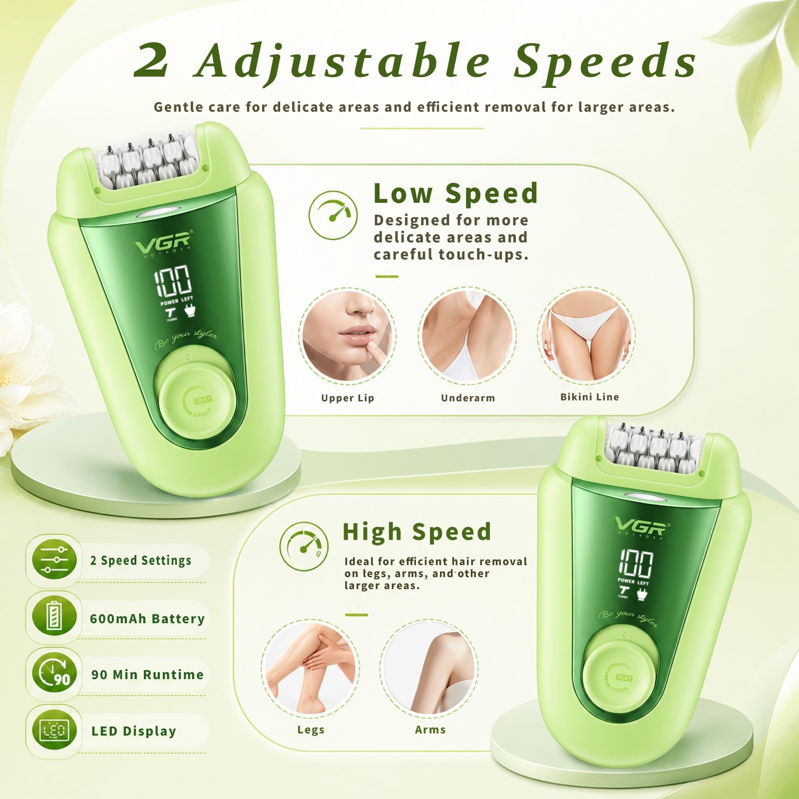 VGR 758 Epilatore elettrico 2 in 1 da donna, 32 pinzette, IPX7, Verde