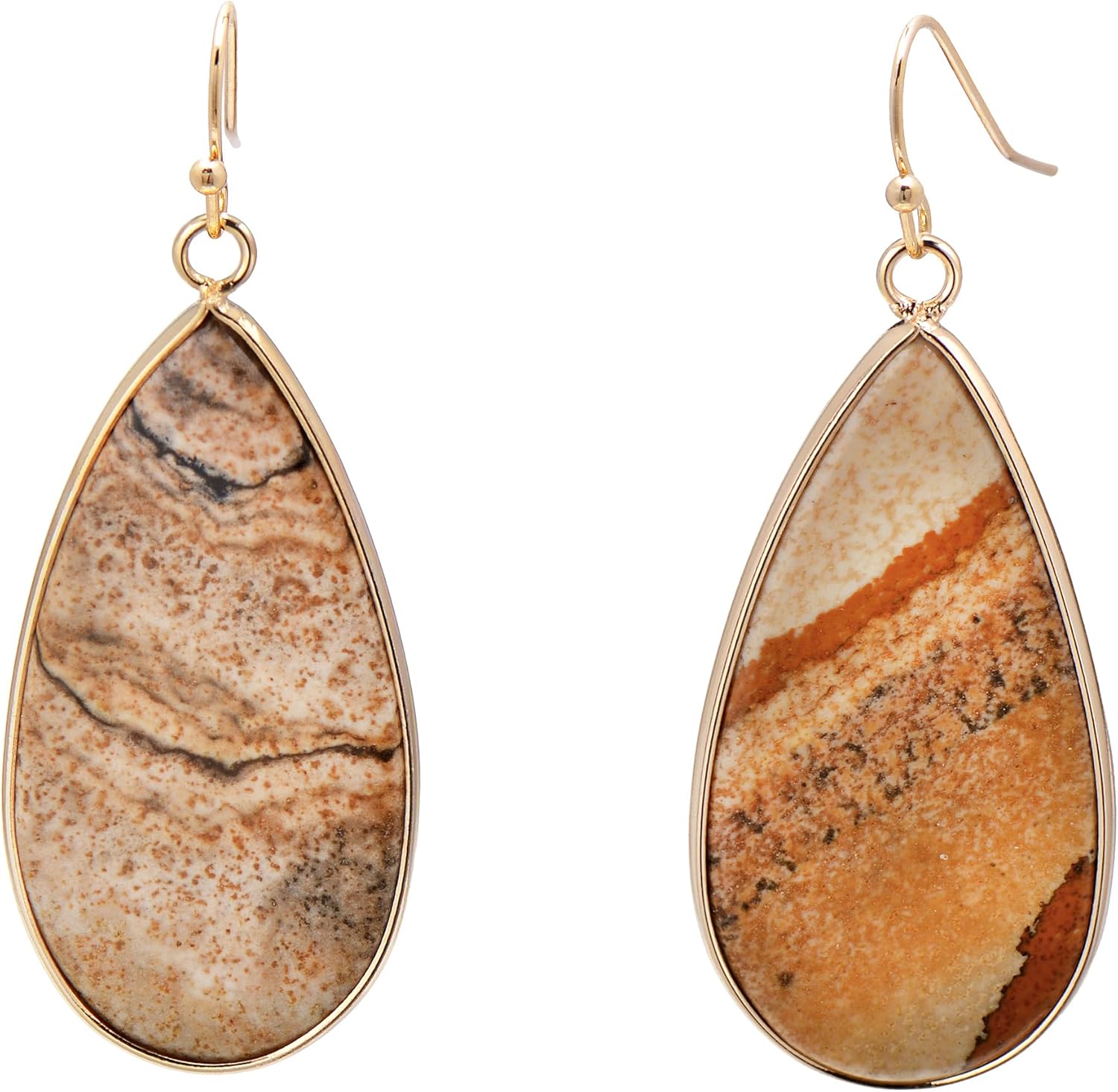 Natural Patterns Jasper Teardrop Stone Earrings for Women, Golden Edged Flat Drop Dangle Earrings