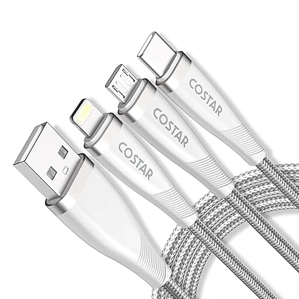 COSTAR 3 in 1 Multi Fast Charging Cable - 3A Nylon Braided Cable with iPhone, iPad, Samsung Galaxy, OnePlus, Mi, Oppo, Vivo, iQOO, Xiaomi, Car, Lightning, Micro USB, Type C Devices (1.3M Silver)
