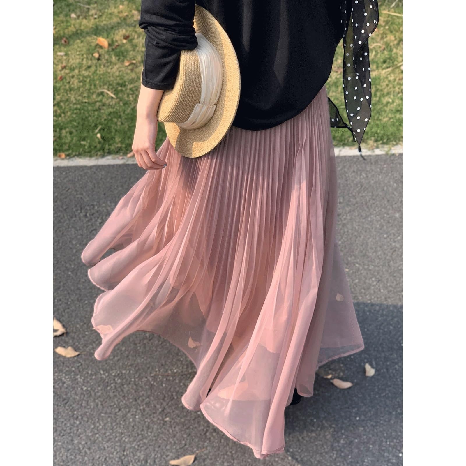 DUddTTW Pleated Maxi Skirts Gauze Women's Midi Skirt Elastic Waisted Swing Skirt Slimming Ankle Length Skirts Midi Length Flowy Skirt(Rose)