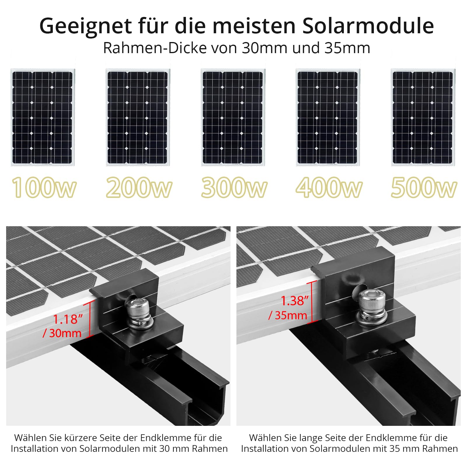 Anbte Solarmodul Halterung Kit, für 2pcs Solarmodul 30MM/35MM, Schwarz | 6pcs Kurzschiene 120MM aus Aluminium inkl. 4pcs Endklemme + 2pcs Mittelklemme + 1pcs Schraubenschlüssel, Solarpanel Montage