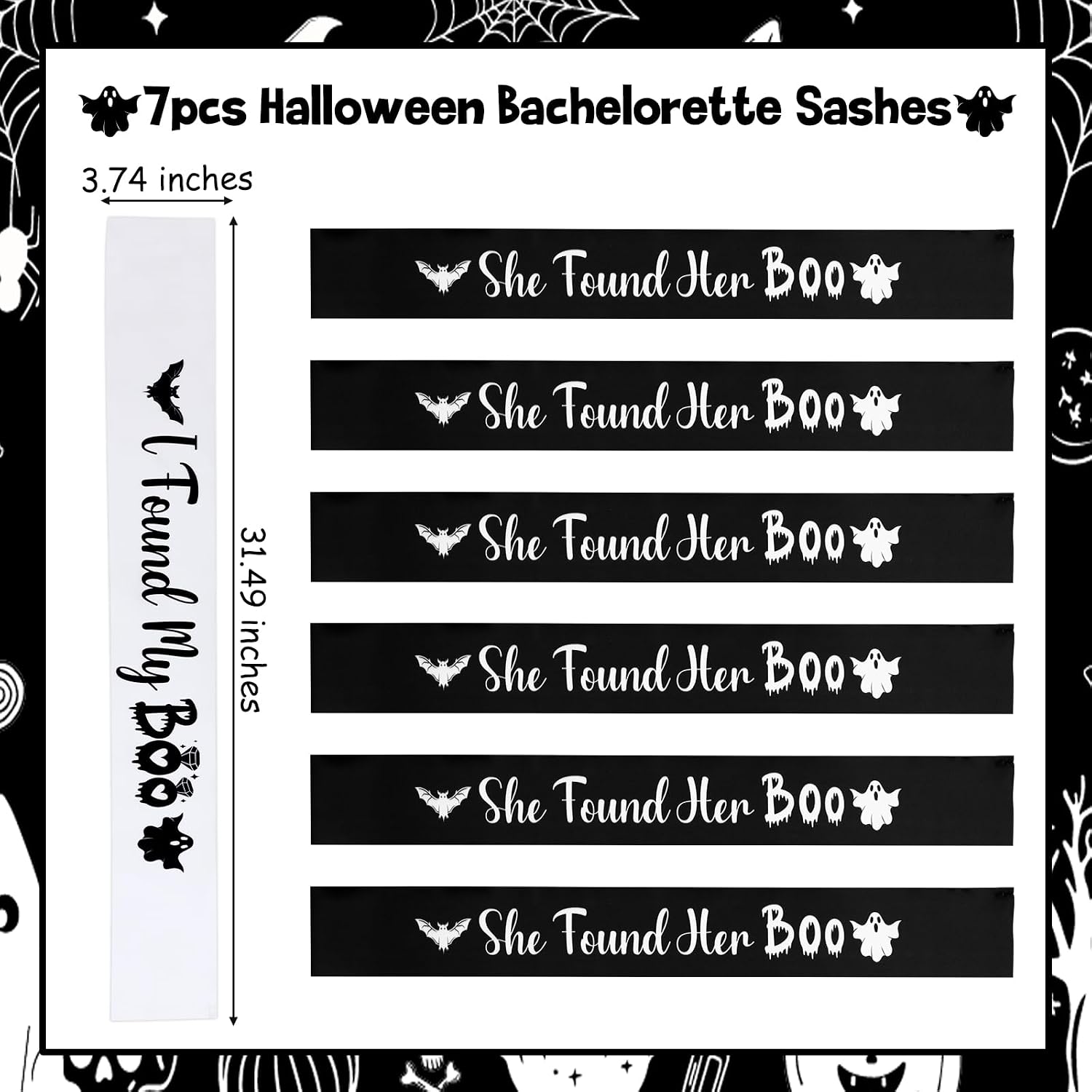 Serencatcher 7Pcs Halloween Bachelorette Party Sashes, White Black Halloween I Found My Boo Bride Sash She Found Her Boo Bridesmaid Sashes for Ghost Spooky Bridal Shower Wedding Party Supplies Favors