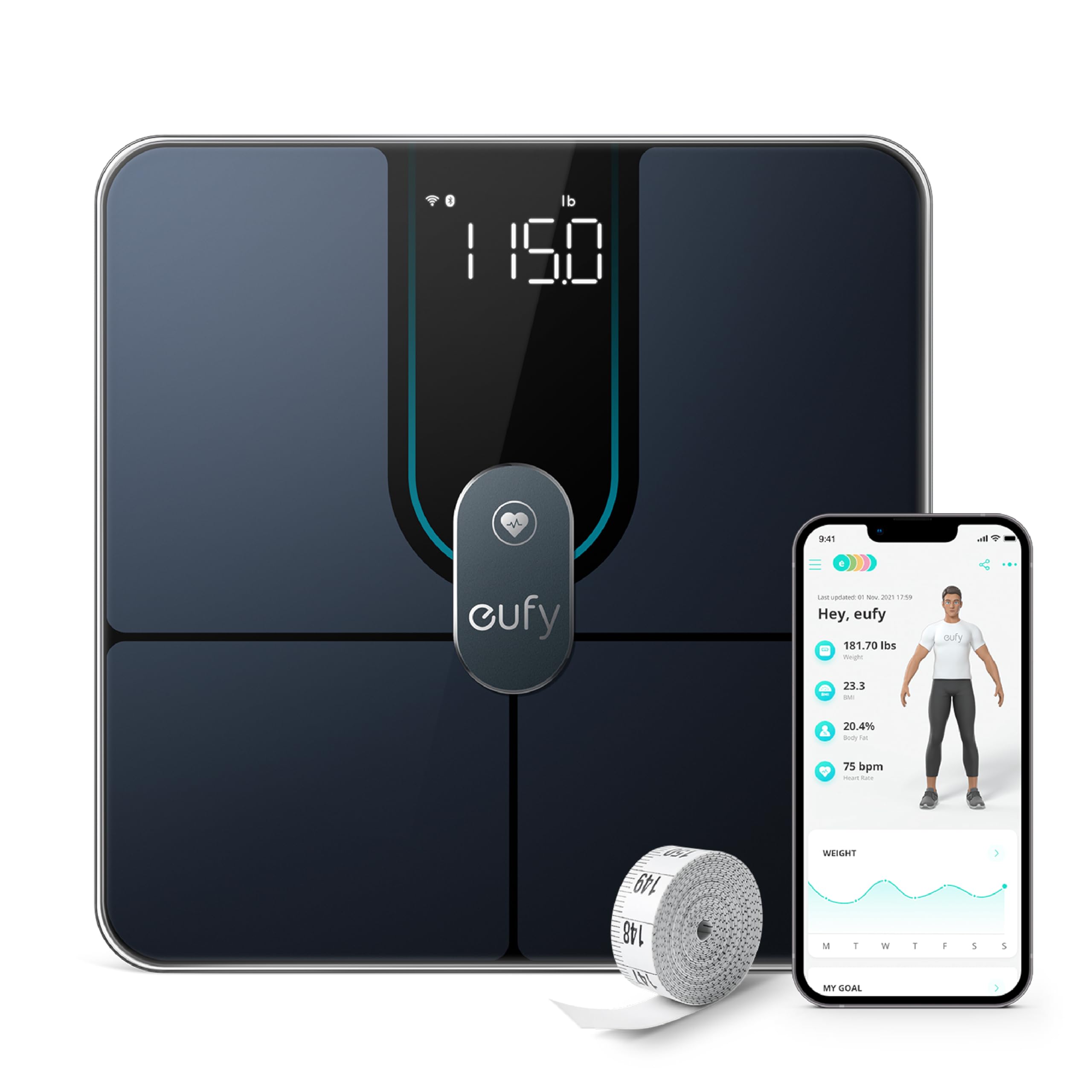 eufy P2 Pro Bilancia Pesapersone Digitale, WiFi Bluetooth, 16 Misurazioni incl. peso, Frequenza Cardiaca, Grasso Corporeo, BMI, Massa Muscolare/​Ossea, corpo Virtuale 3D, Precisione 50 g