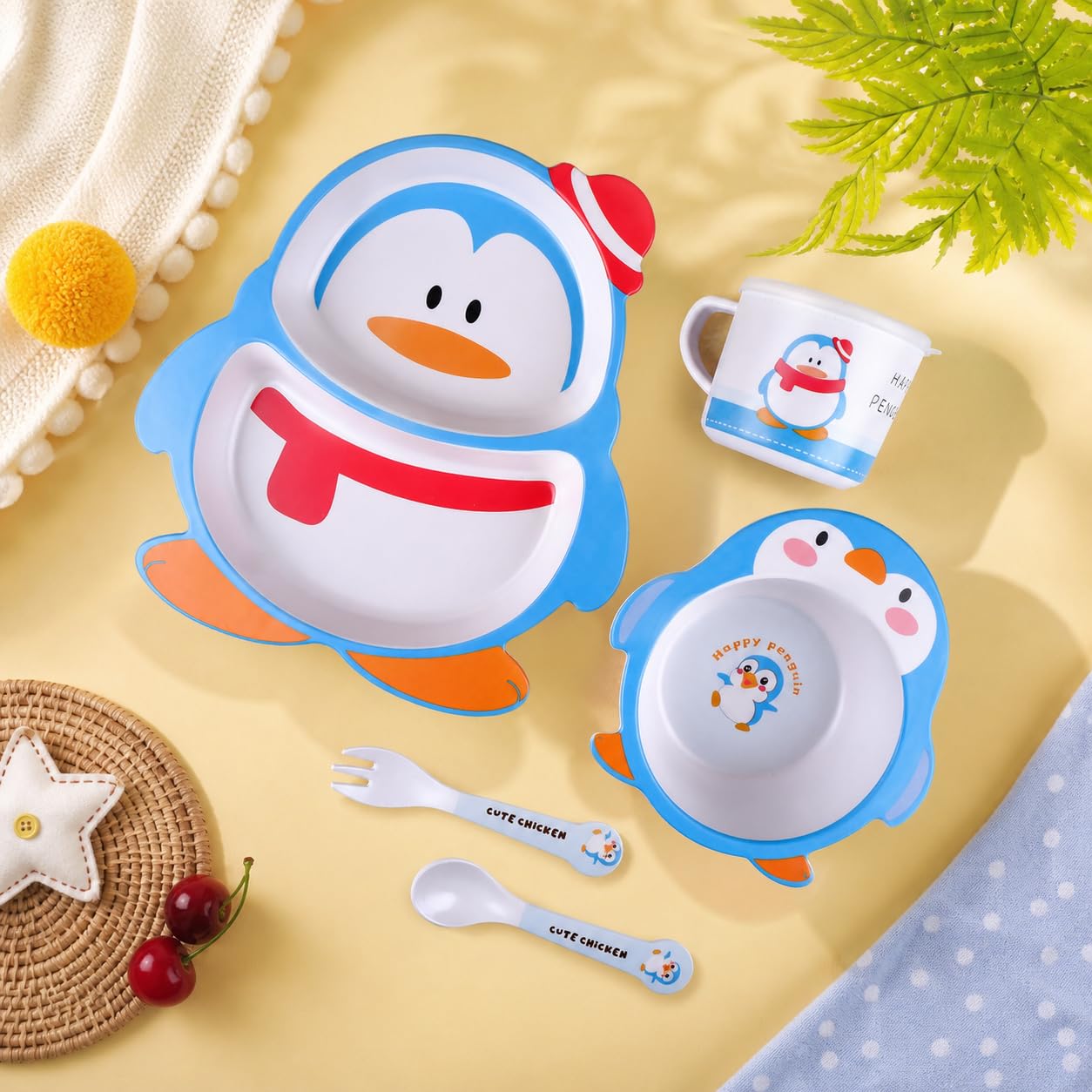 Bamboo Baby Feeding Set | Kids Feeding Set | Eco Friendly Kids Crockery Set with Baby Plate, Bowl, Fork & Spoon | Natural & Eco-Friendly (Penguin)-image-49