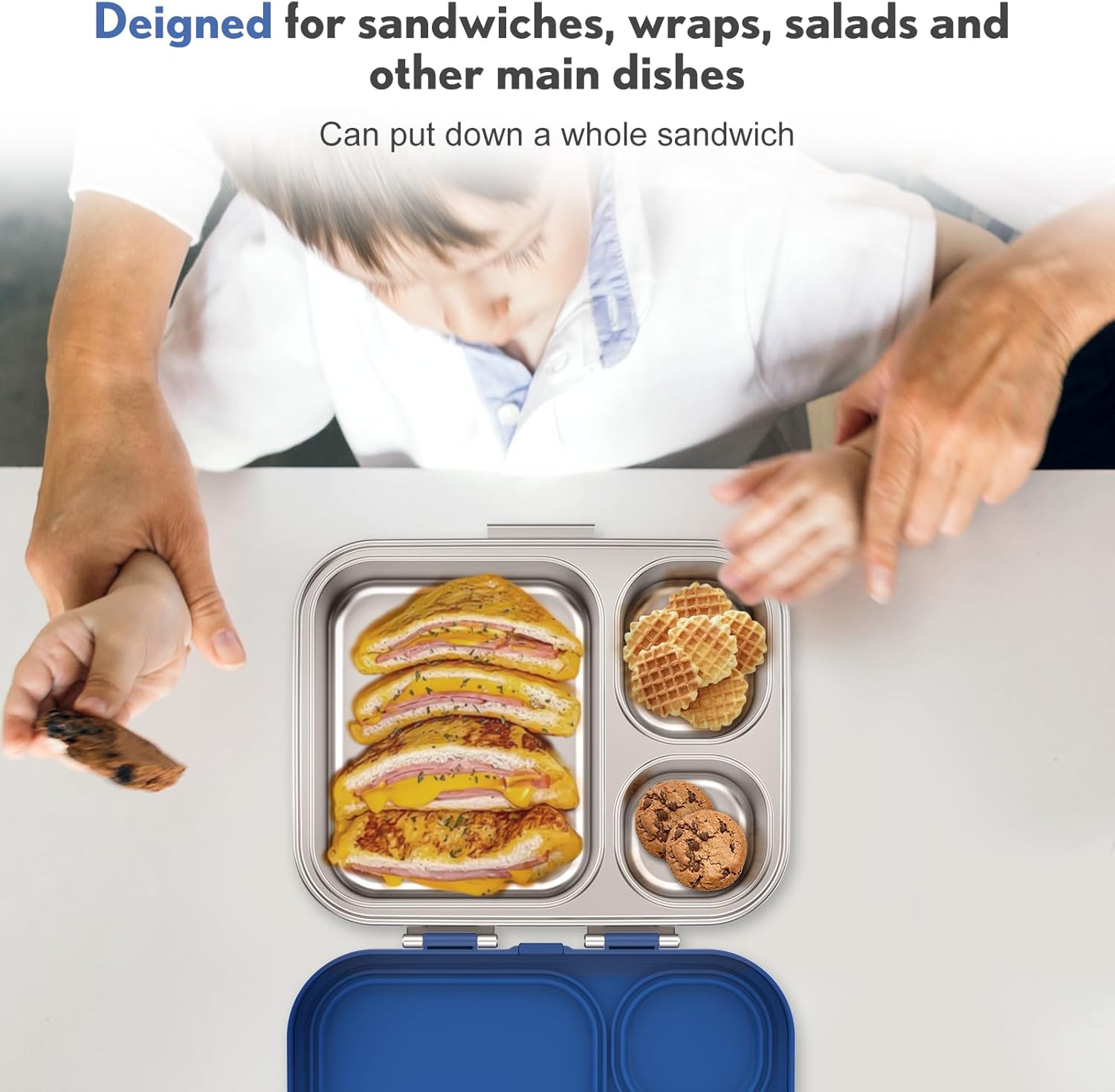 Stainless Steel Bento Box Kids, Leak Proof Metal Bento Lunch Box,3 Compartments 304 Stainless Steel Bento Lunch Containers for School and Office, BPA-Free(Blue)