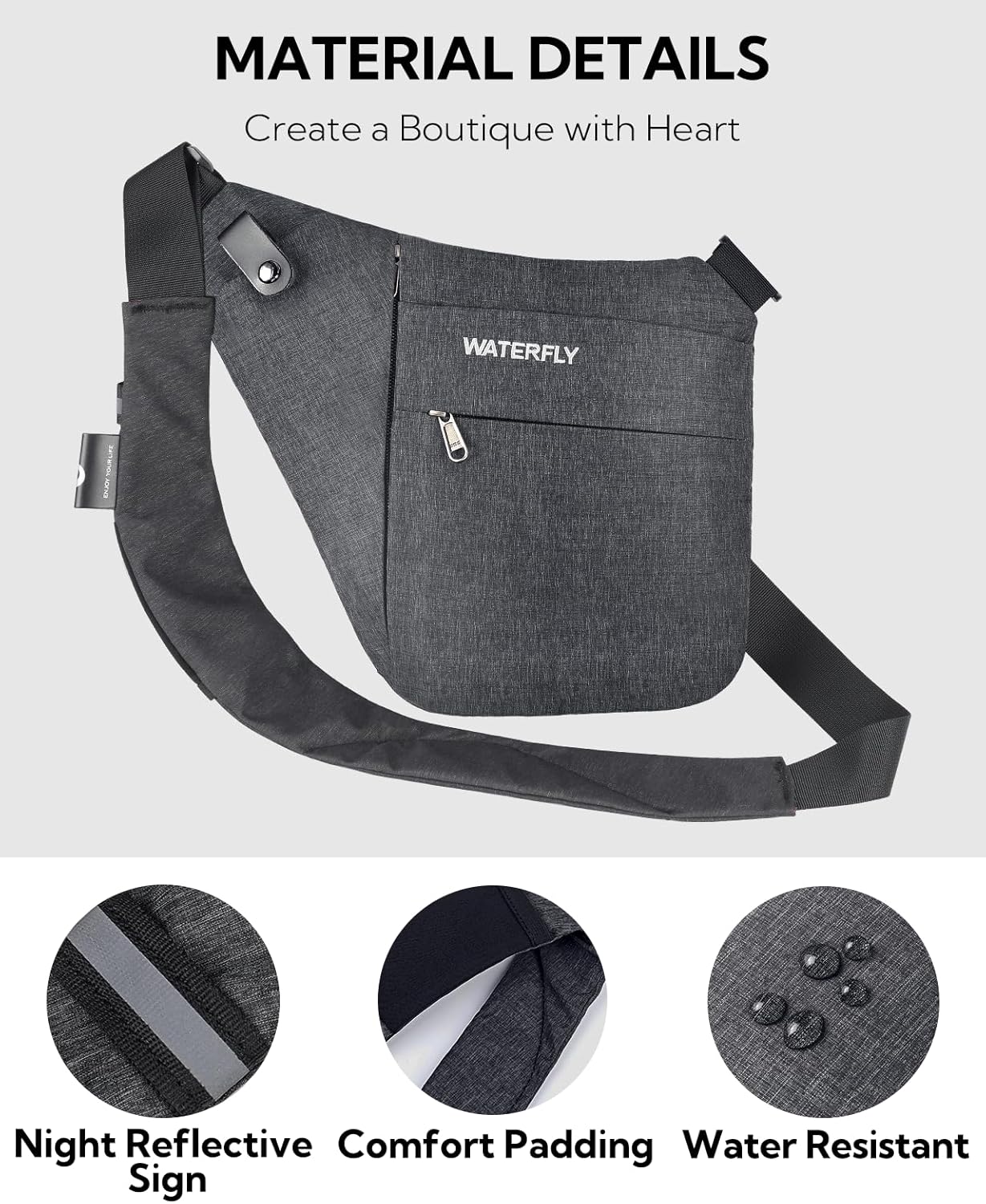 WATERFLY Sling Bag Crossbody Chest Bag Lightweight Casual Daypack Water Resistant Chest Shoulder Bag for Men Outdoor Travel Daily Use (Dark Gray) - Image 5