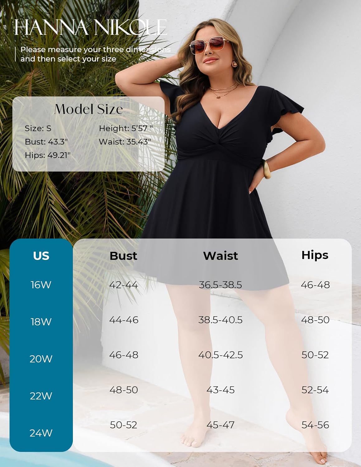 Hanna Nikole Womens Plus Size One Piece Swimsuits, Tummy Control Swimdress, Slimming Full Coverage Push Up Beachwear Black 22 Plus - Image 6