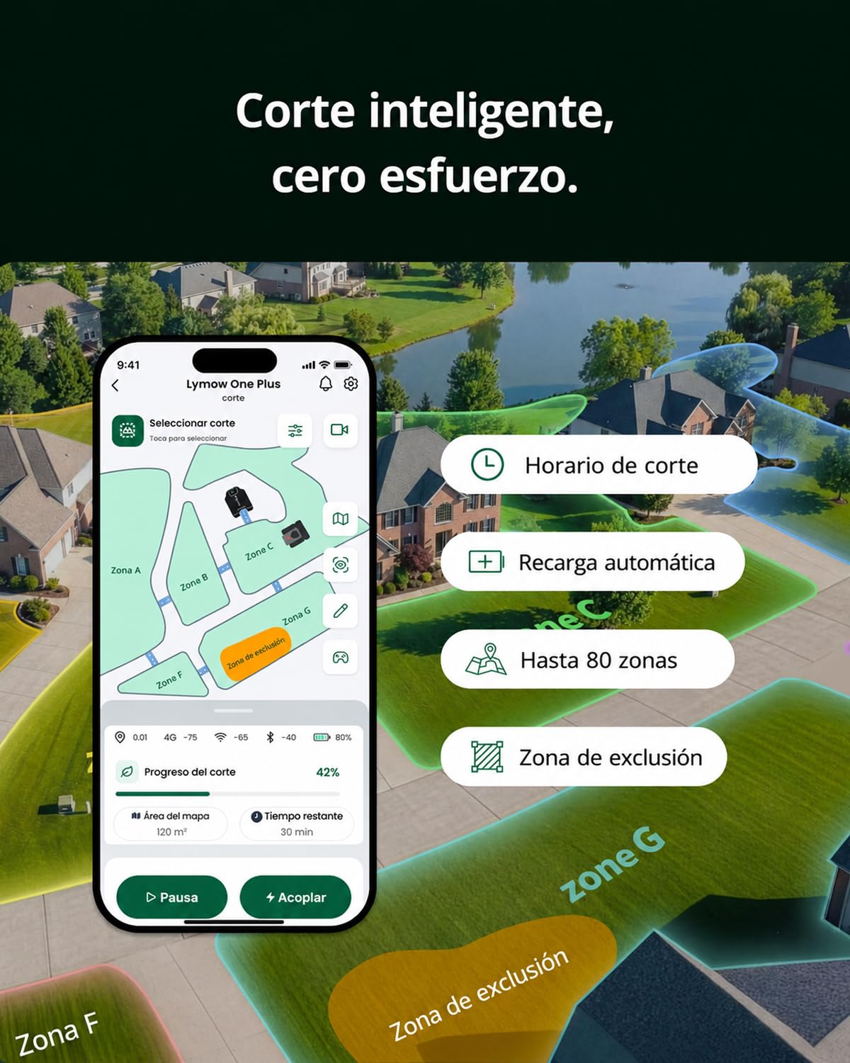 Lymow One Plus Robot Cortacesped sin Cable Perimetral, Evitación de Obstáculos con IA, Pendientes de 45°, Doble Cuchilla Rotativa SK5, Altura de Corte 30-100 mm, RTK+VSLAM, Gestión de 80 Zonas