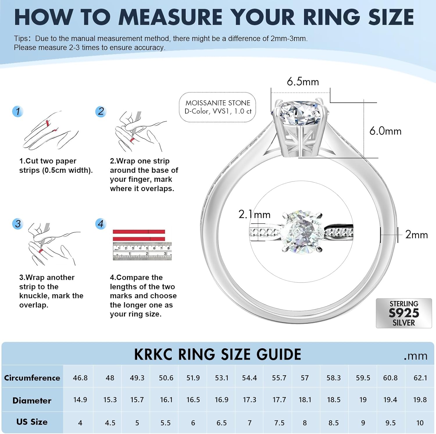 KRKC Moissanite Ring, Engagement Ring for Women, 1CT/1.5CT/2CT Lab Created Diamond D Color VVS1 Clarity, 925 Sterling Silver White Gold Plated Wedding Rings, Promise Rings for Wedding, Promise, Anniversary and Bridal - Image 3