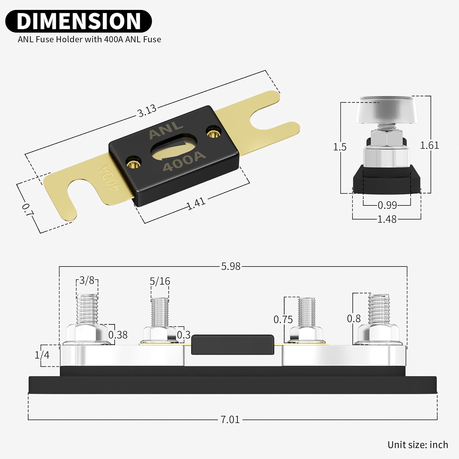 DaierTek 400 Amp ANL Fuse Holder Kit M10 Stud Terminals Max 750A for Car Truck Boat