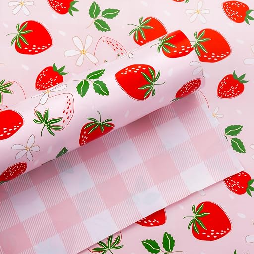 Flyhill Reversible Pink Strawberry Wrapping Paper Roll, Cute Strawberry, Flower with Pink Plaid Gift Wrap for Girls,Wedding,Birthday Valentine's Day,Baby Shower（17 IN x 16.5 FT）