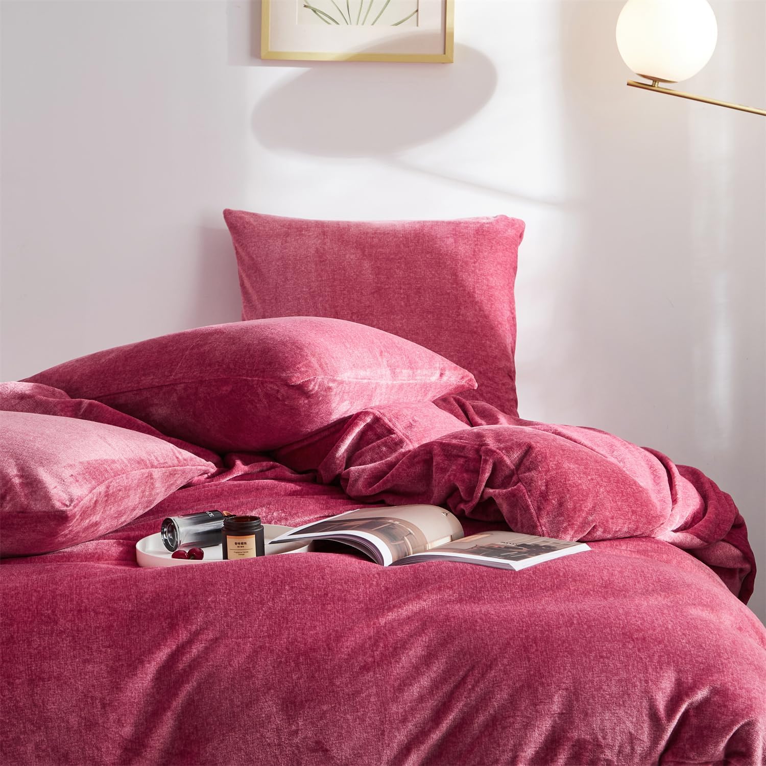 Fluffy Velvet Duvet Cover Set Red Twin Size Fall Winter Soft Warm Flannel Comforter Cover Wine Red 68" x 90" Luxury Cozy Plush Fleece Reversible Bedding Duvet Cover Set Burgundy 2pc