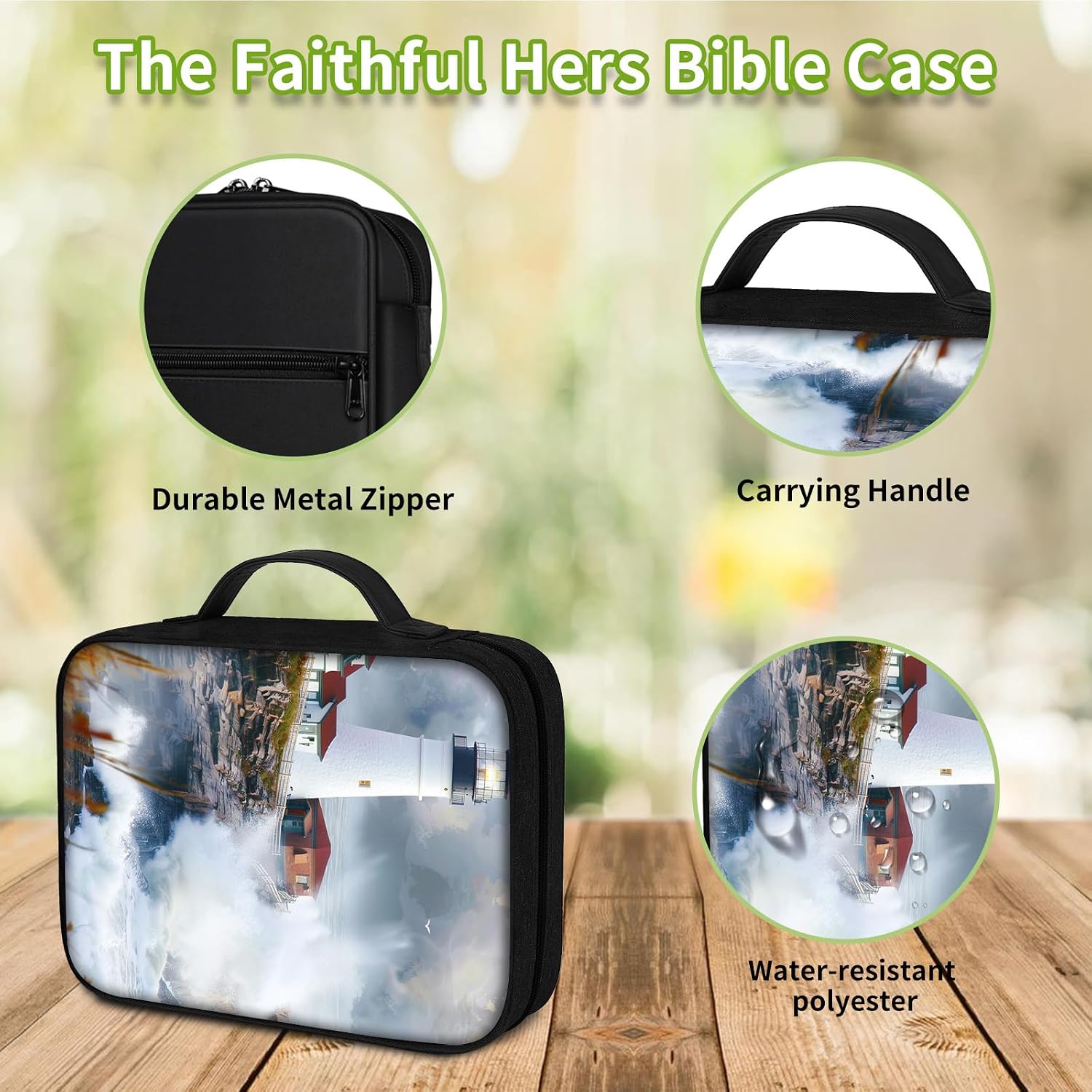 Bible Cover, Carrying Book Case Church Bag Bible Protective PU Leather Bible Covers with Handle and Zippered Pocket, for Standard and Large Size Bible 10.1x7.5x2 in,Lighthouse Beacon Clouds