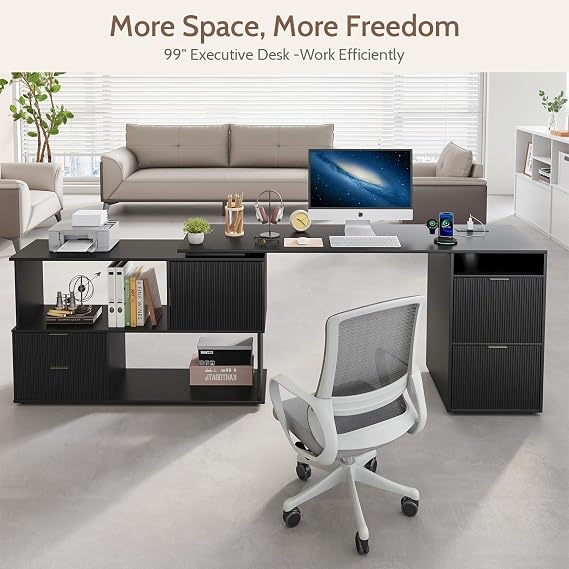 L-Shaped Desk with Drawers & Power Outlet, 180 Rotating Corner Computer Desk with Storage, 66 Inch Office Desk with 5-Drawer, Space-Saving Modern L-Shaped Workstation for Home Office