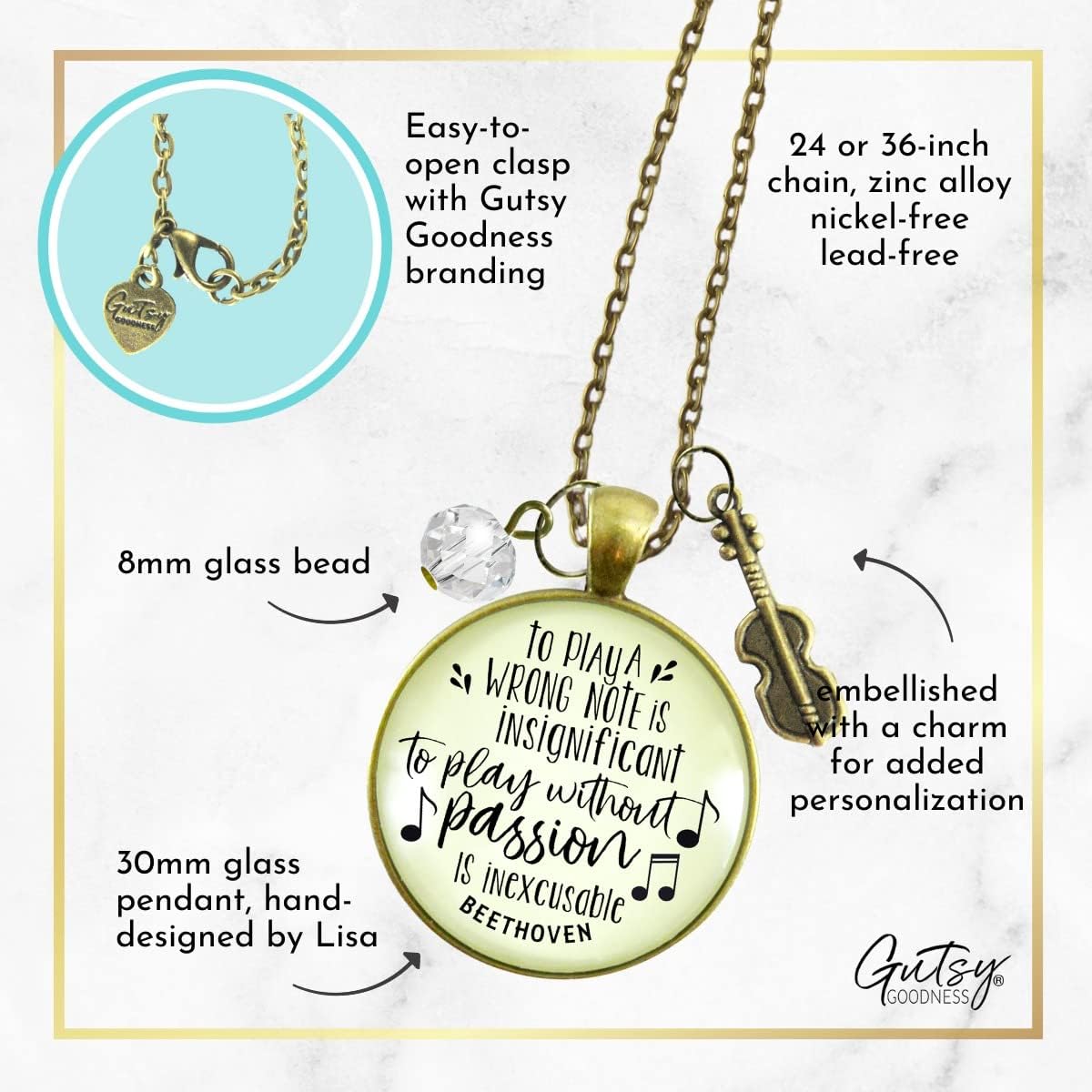 Gutsy Goodness Music Necklace Instrument Player Teacher Vintage Charm Message Pendant Jewelry