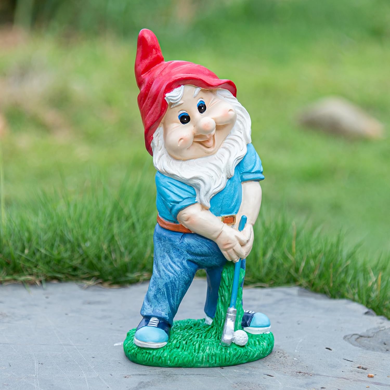 Garden Gnome Statue with Shovel, 9.84 inches Height, Blue Outfit, Red Hat, Outdoor Lawn Decoration