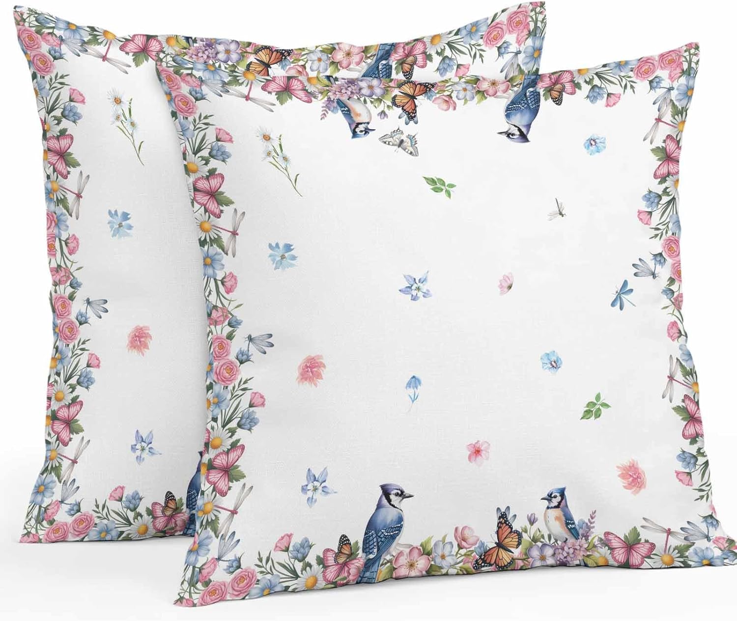 Chucoco Outdoor Waterproof Throw Pillow Cover Spring Blossoms Flower Branch Decorative Pillows Cushion Covers Chic Birds Wild Animal 2 Pack Pillow Cases for Patio Garden Balcony Couch Sofa 20x20In