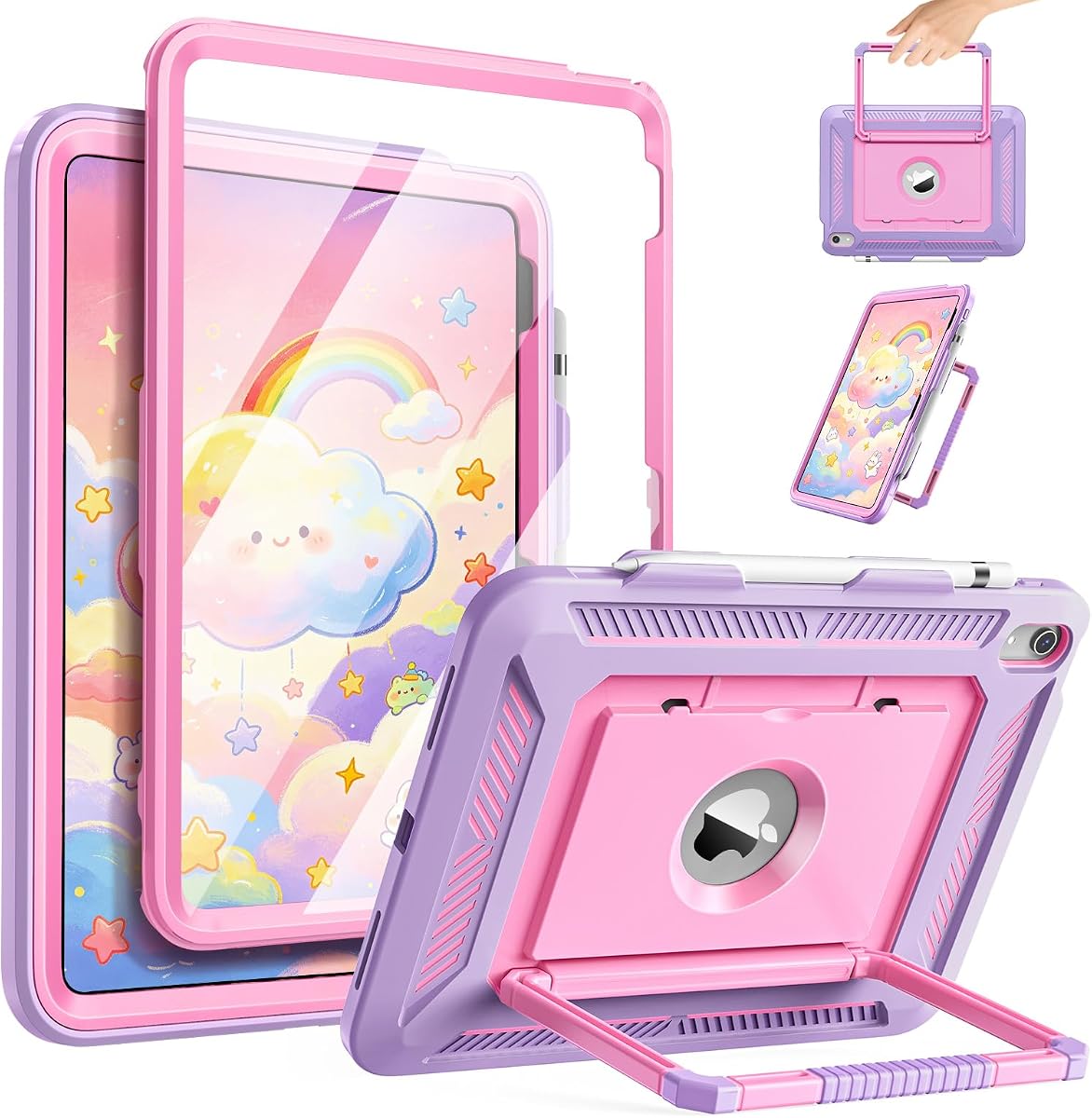 MoKo Kids Funda para iPad A16 de 11.ª generación de 11 pulgadas/iPad de 10.ª generación, morado y rosa | Funda resistente para niños de cuerpo completo con protector de pantalla, portalápices, soporte y asa
