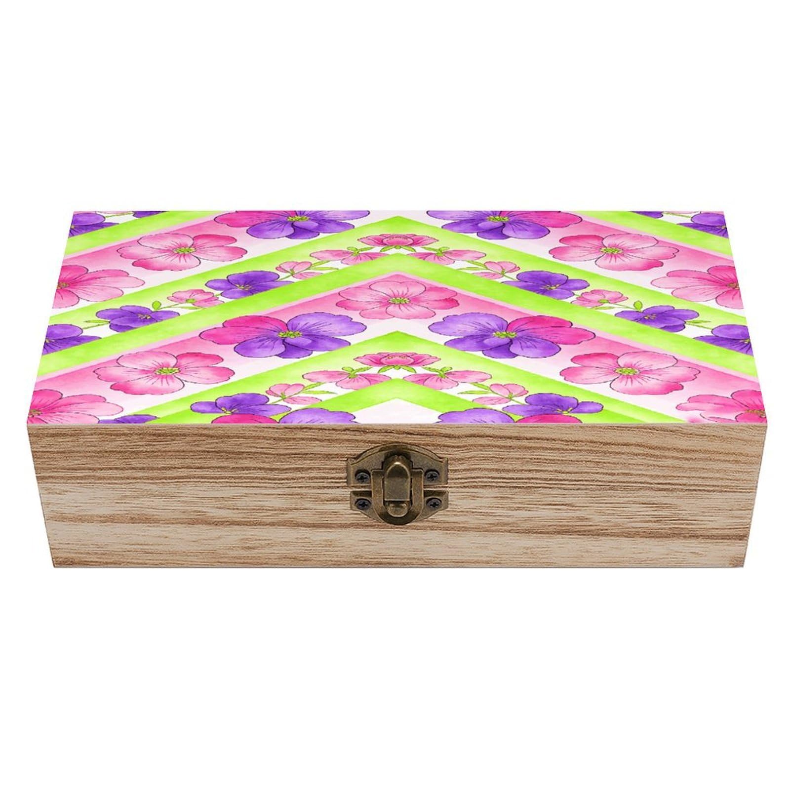LZQPOEAS Chevron Blooms Wooden Keepsake Box Wooden Storage Box Container with Hinged Lid Beautiful Wood Memory Box Decorative Jewelry Case for Crafts Art Hobbies & Trinket Storage