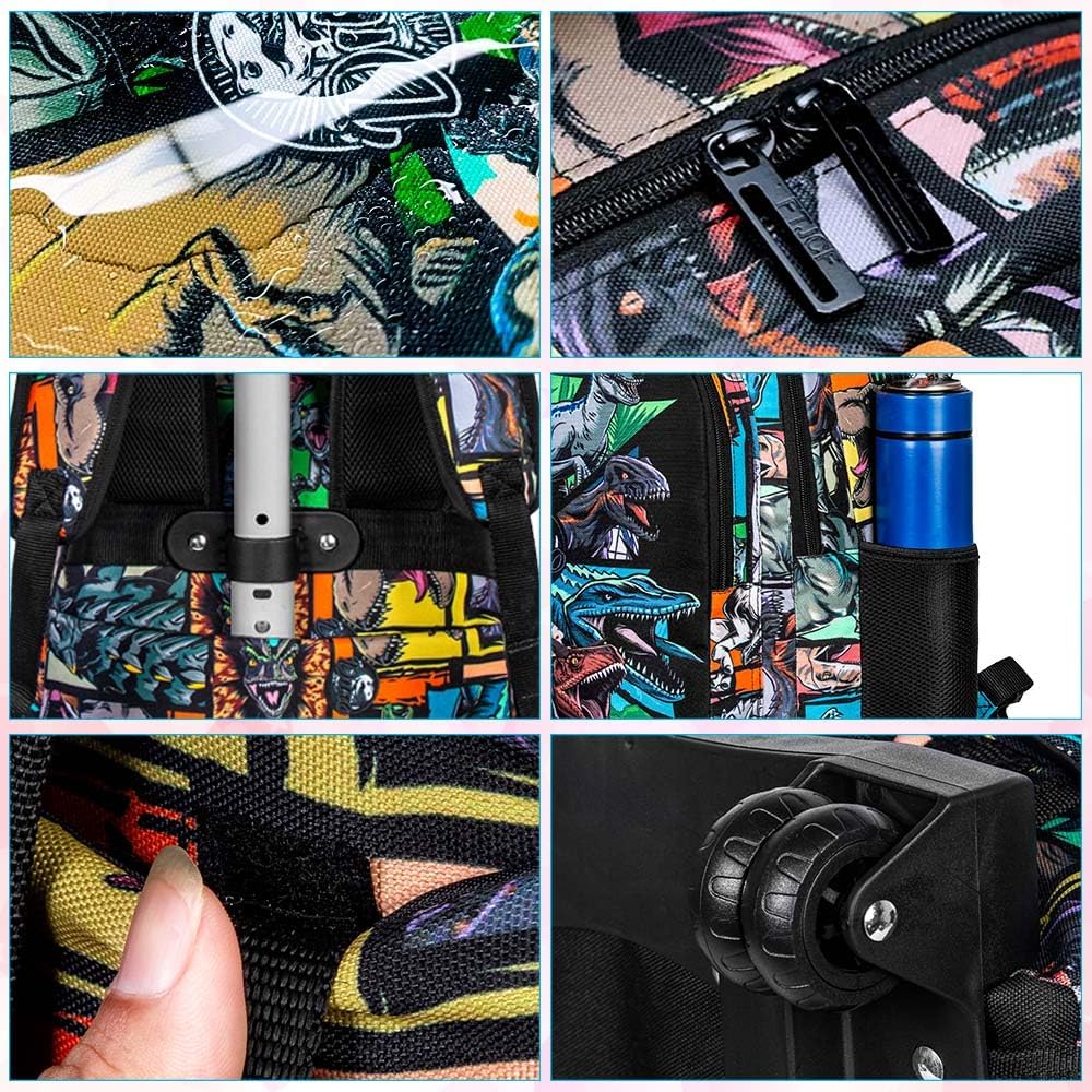 WZLVO 3PCS Rolling School Backpack, Water Resistance Roller Bookbag for Boys, Wheeled Bag Set with Lunch Box & Pencil Bag for Teens & Kids - Dinosaur Gathering